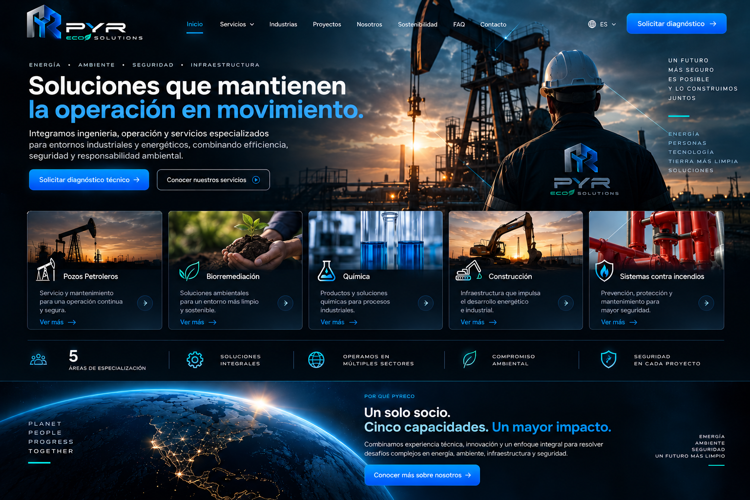 Concepto visual de PYRECO SOLUTIONS: energía, ambiente, seguridad y soluciones integrales